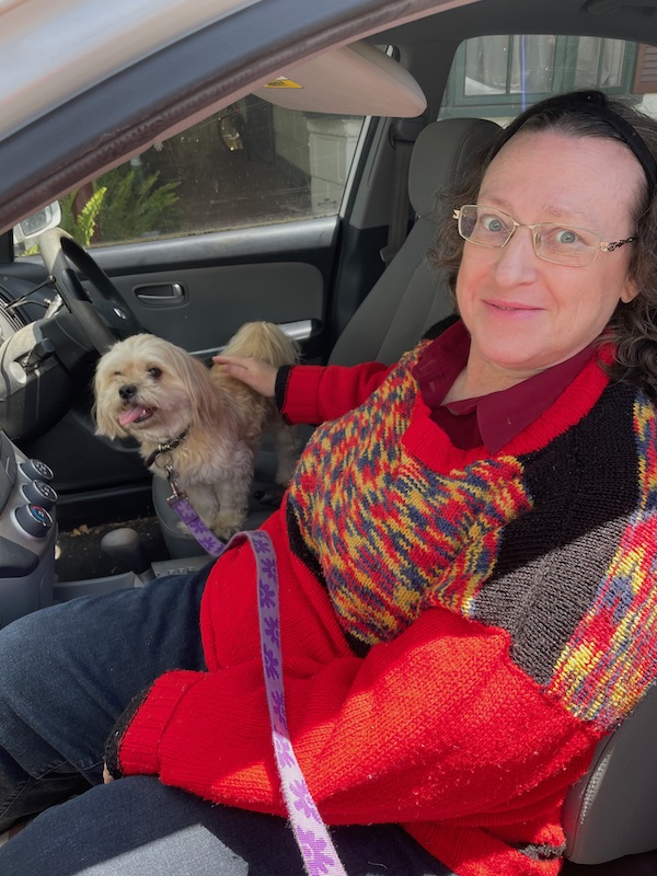 a woman sits in the passenger seat of a car, with a small white dog in the driver's seat