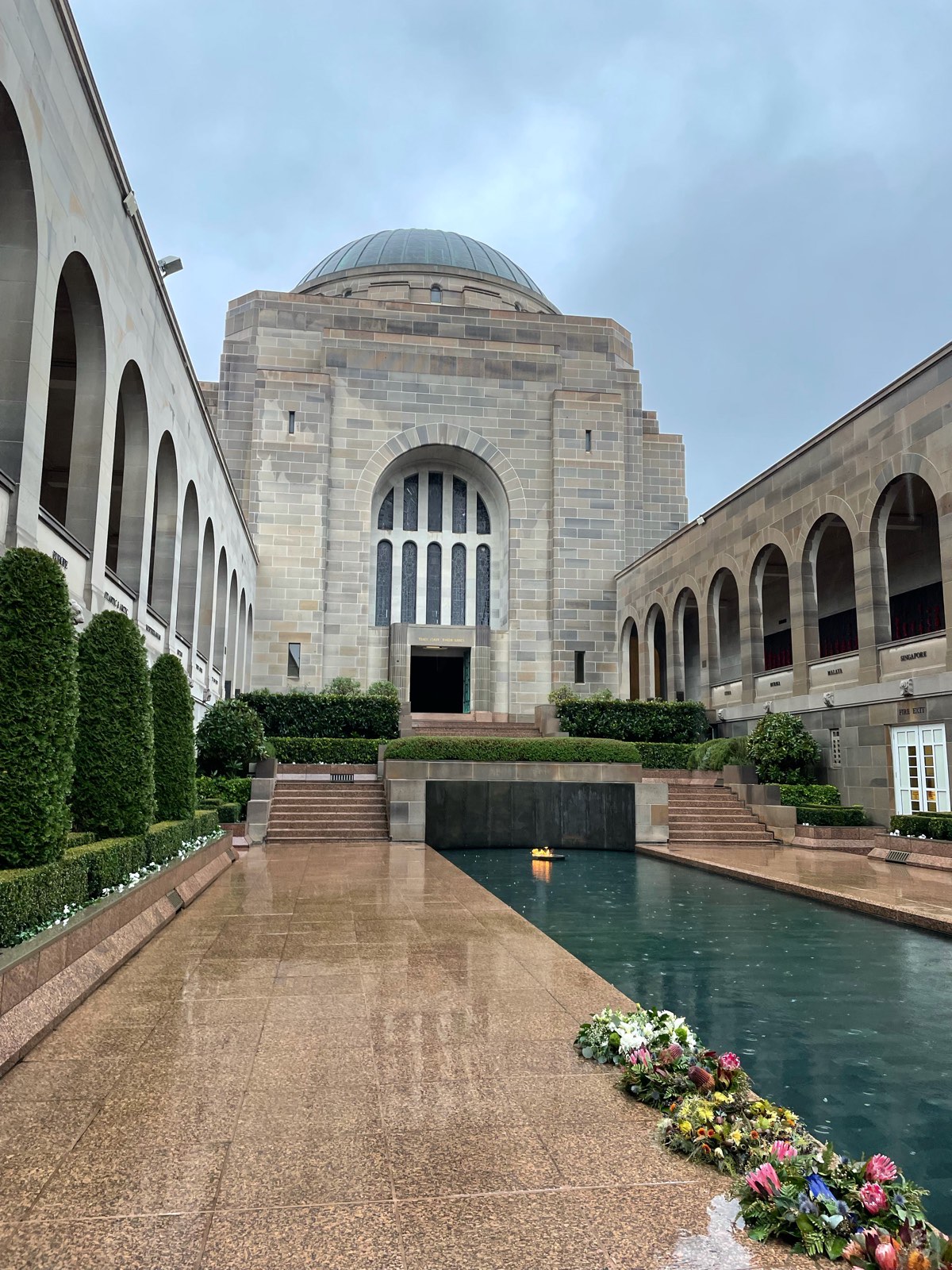 The Australian War Memorial, looking towards the dome with the Tomb of the Unknown Soldier, in heavy rain
